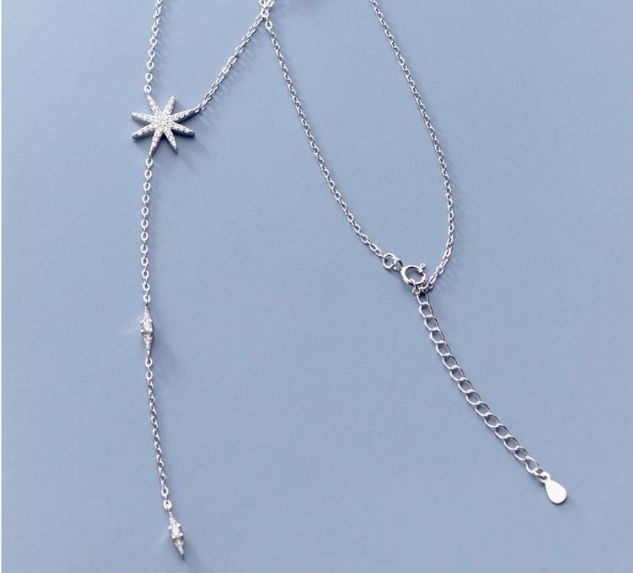 Y-shape S925 Sterling Silver Long Pendant Necklace with Cubic Zircon Star Shape for Women