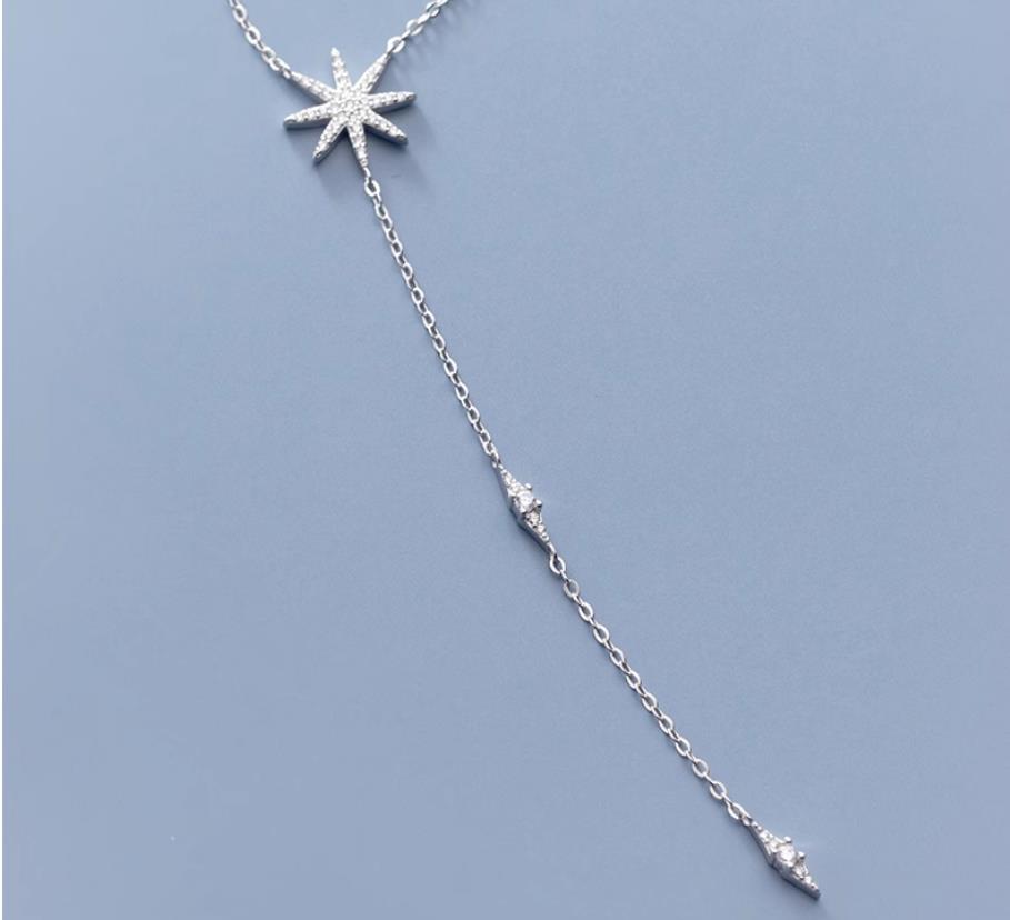 Y-shape S925 Sterling Silver Long Pendant Necklace with Cubic Zircon Star Shape for Women
