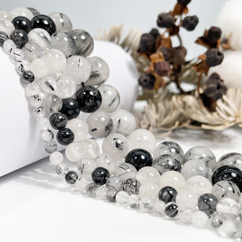 Natural Black Rutilated Quartz Round Loose Semi Gemstone Beads for Jewelry Making