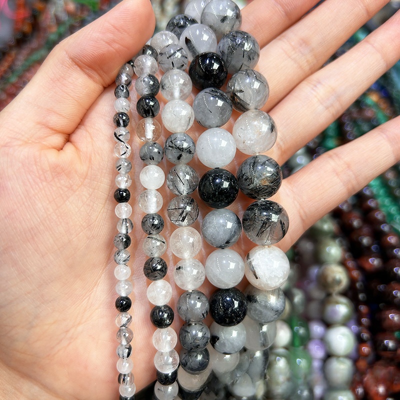 Natural Black Rutilated Quartz Round Loose Semi Gemstone Beads for Jewelry Making