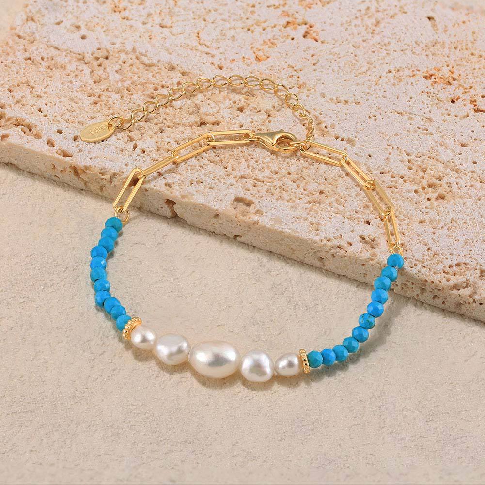 S925 Sterling Silver Bracelet with Freshwater Pearl Bohemian Style for Woment
