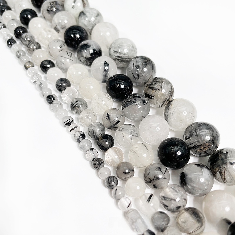 Natural Black Rutilated Quartz Round Loose Semi Gemstone Beads for Jewelry Making