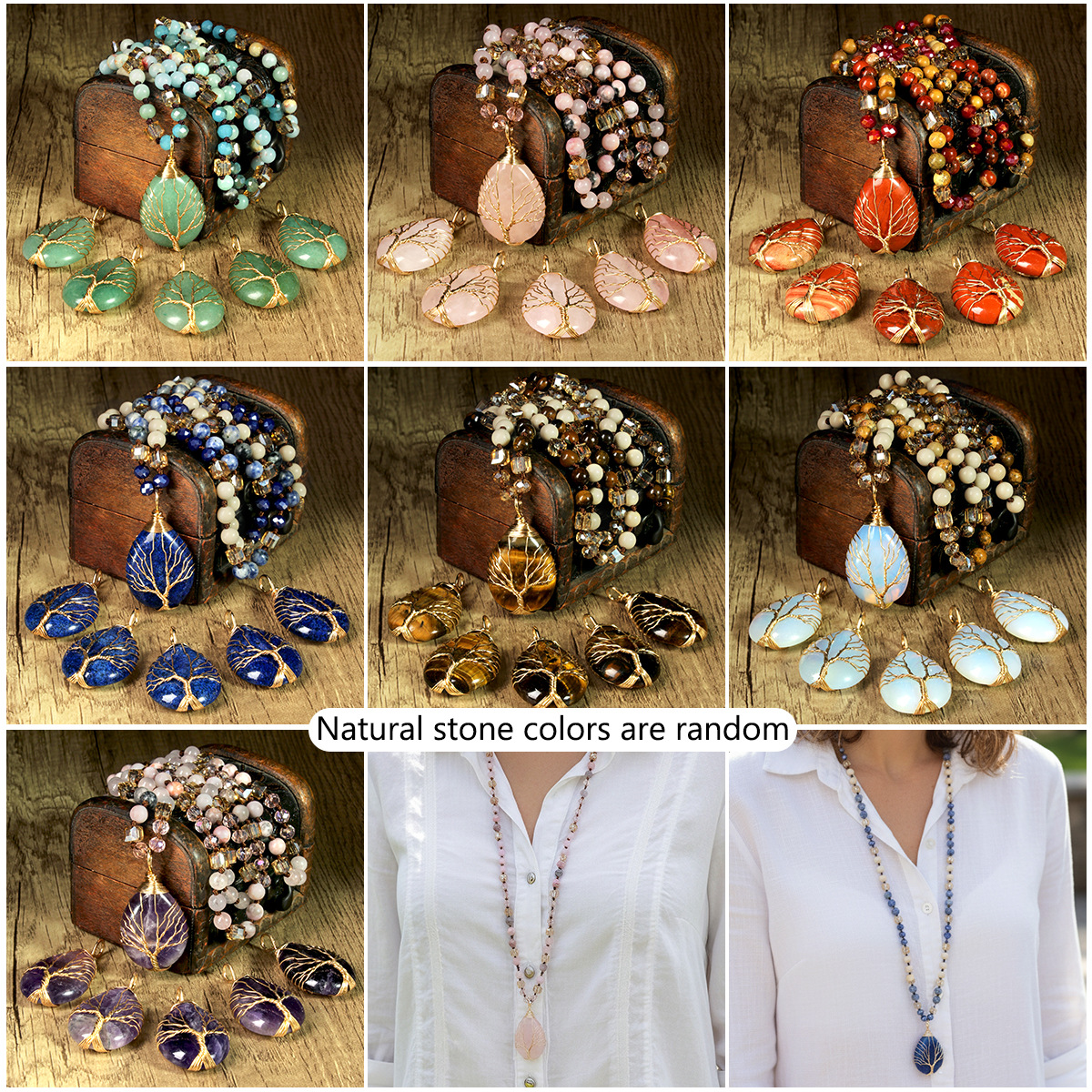 Healing Crystal Necklace for Women Natural Stone Beaded Stretch Necklace Handmade Gemstone Reiki Spiritual Jewelry Gifts