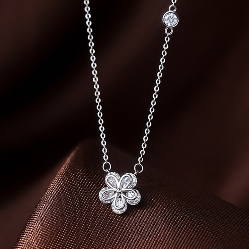 S925 Sterling Silver Flower Pendant Necklace Jewelry with Cubic Zirconia Daily Style