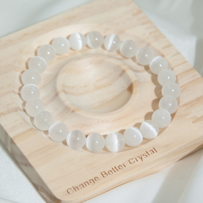 White cat eye Bracelet for Women Natural Gemstone Round Stone Crystal Beads for Beaded Elastic Bracelet