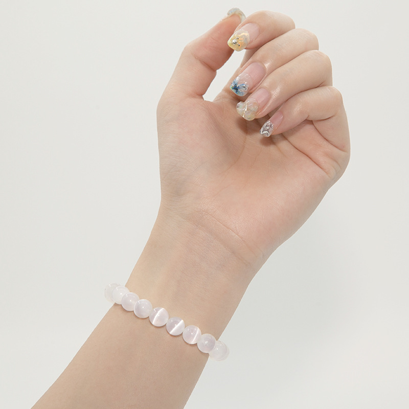 White cat eye Bracelet for Women Natural Gemstone Round Stone Crystal Beads for Beaded Elastic Bracelet