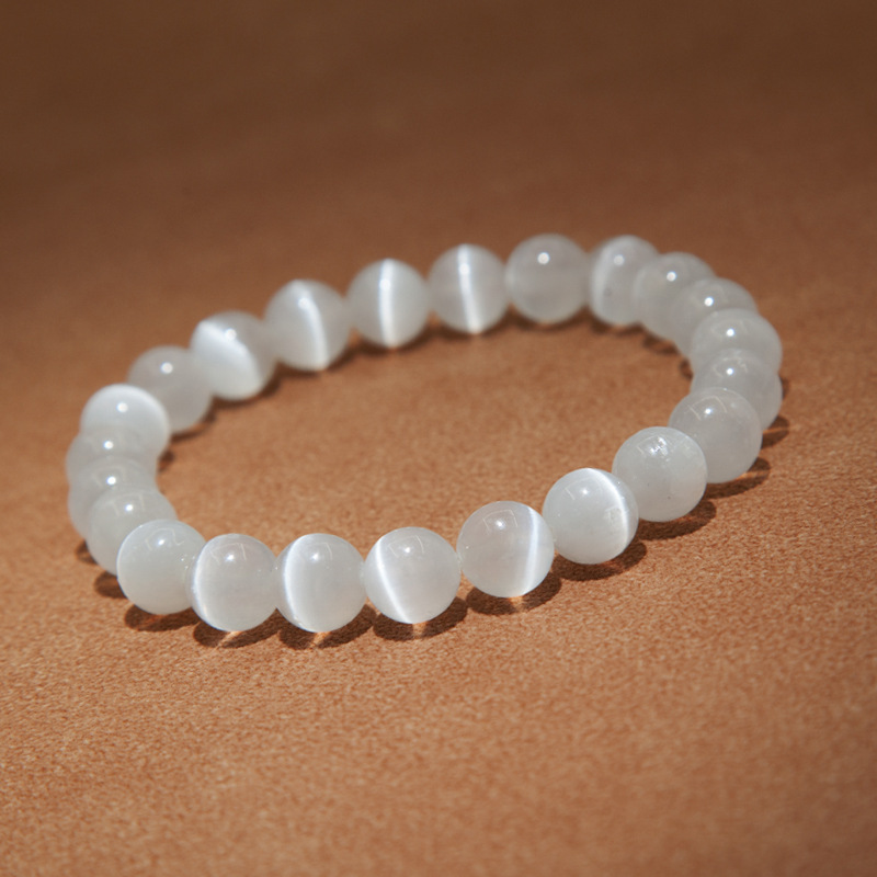 White cat eye Bracelet for Women Natural Gemstone Round Stone Crystal Beads for Beaded Elastic Bracelet