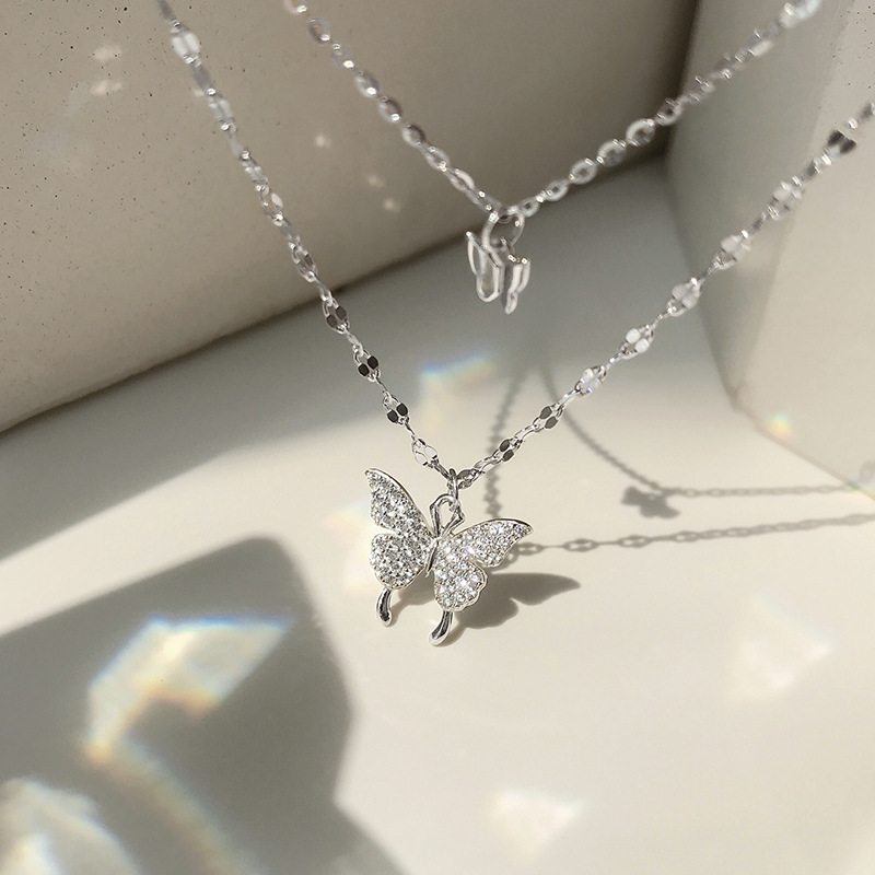 S925 Sterling Silver Butterfly Pendant Layered Lace Chain Necklace with Cubic Zircon for Women