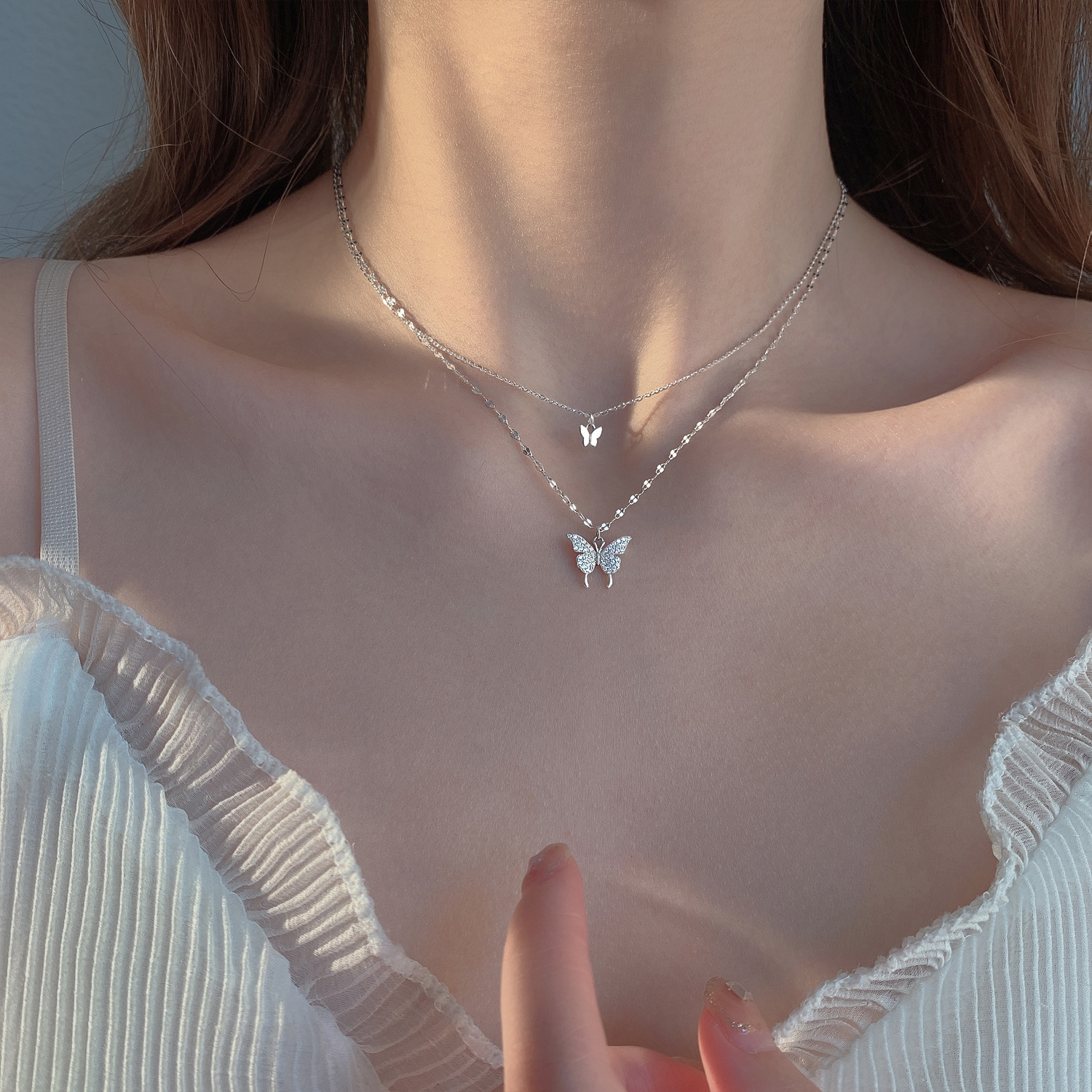 S925 Sterling Silver Butterfly Pendant Layered Lace Chain Necklace with Cubic Zircon for Women