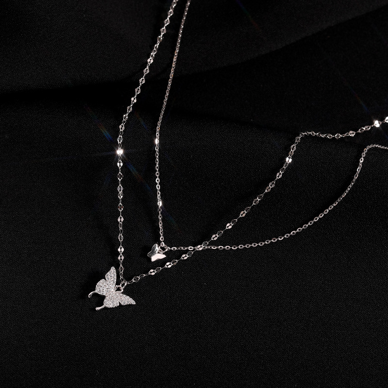 S925 Sterling Silver Butterfly Pendant Layered Lace Chain Necklace with Cubic Zircon for Women
