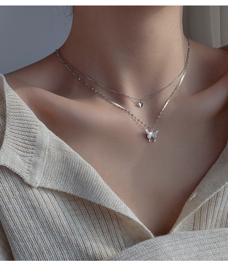 S925 Sterling Silver Butterfly Pendant Layered Lace Chain Necklace with Cubic Zircon for Women