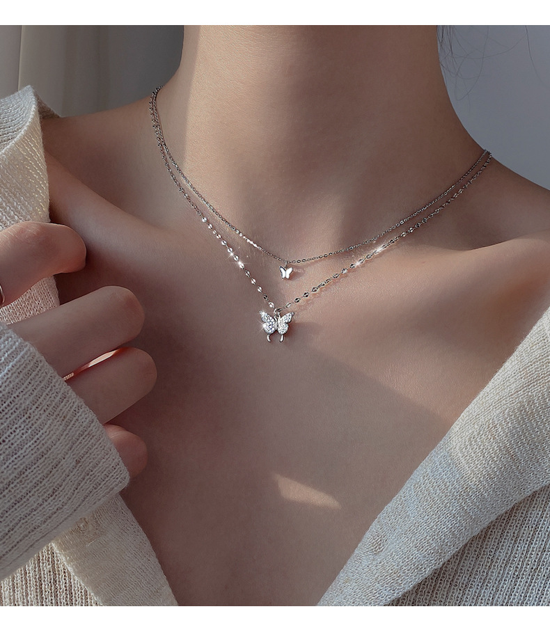 S925 Sterling Silver Butterfly Pendant Layered Lace Chain Necklace with Cubic Zircon for Women