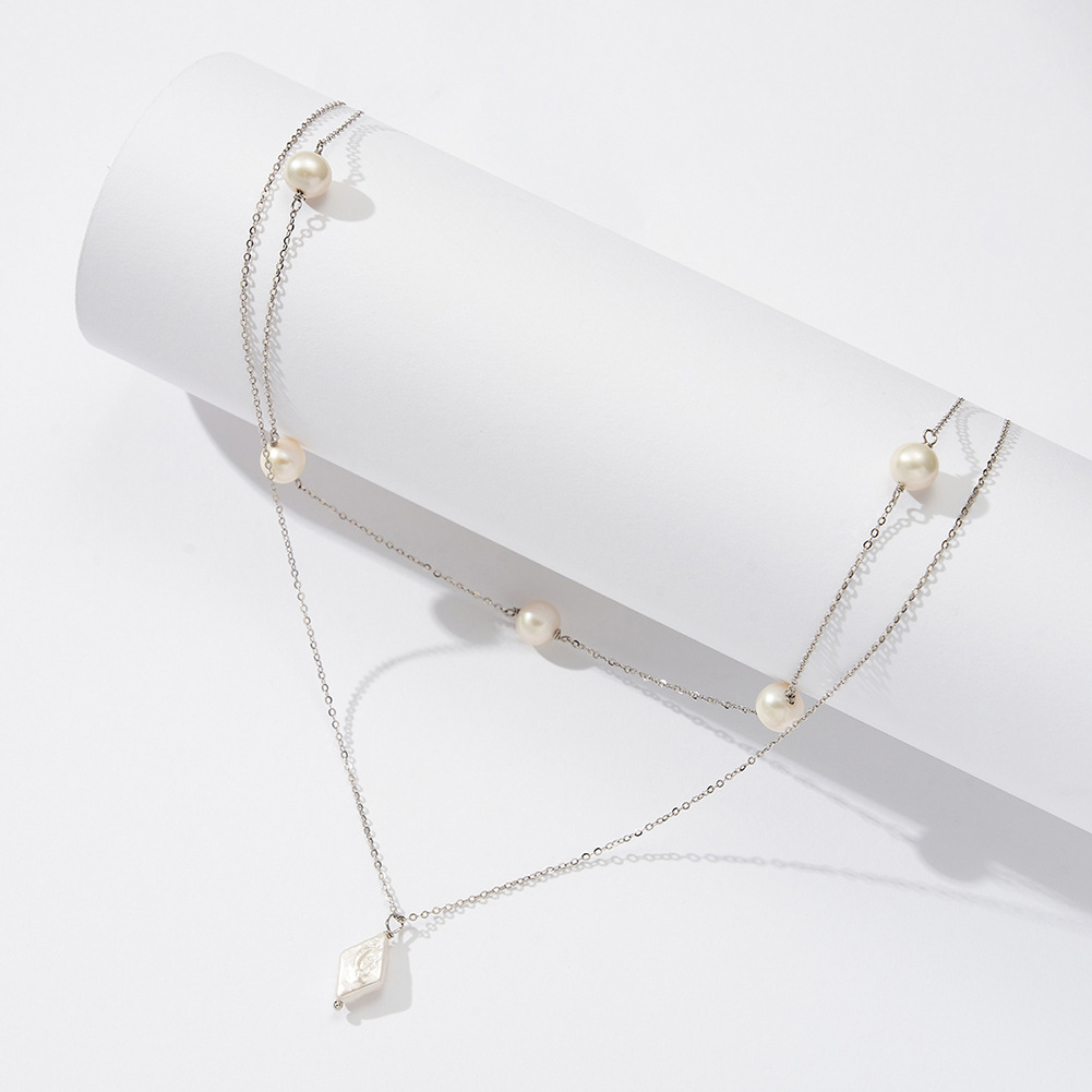 925 Sterling Silver Pendant Necklace with Freshwater Pearl Minimalist Multi-layered Necklace