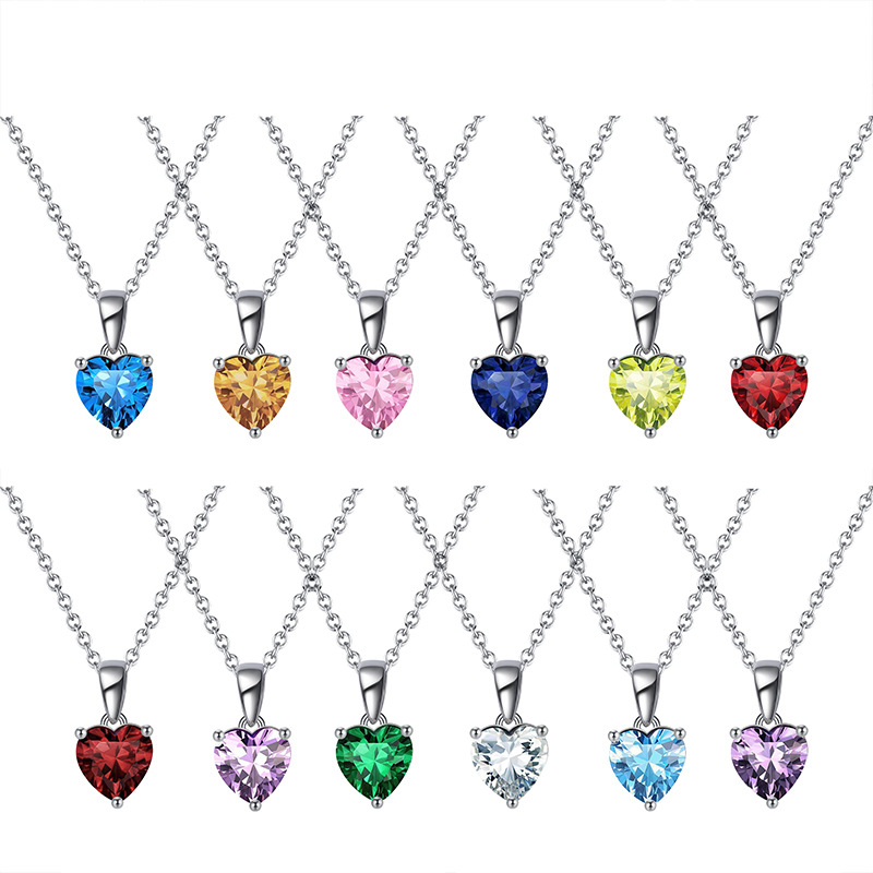 S925 Silver Necklace with 12-Color Zodiac Birthstone Heart Zircon Necklace