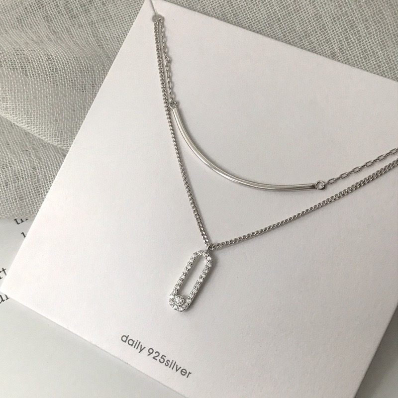S925 Sterling Silver Pendant Necklace with Cubic Zirconia Double Layered Style
