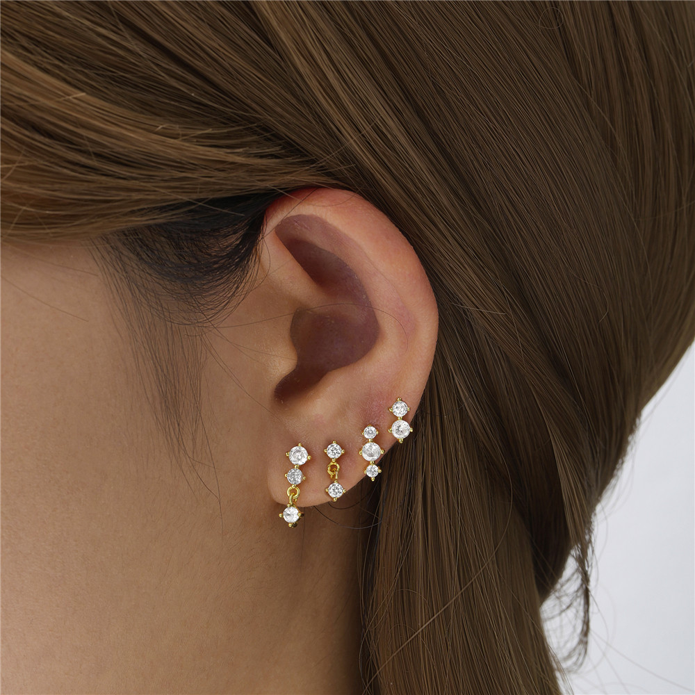 S925 Sterling Silver Stud Earrings Earpiercing with Cubic Zirconia 4pcs/Set Best Gift for Women