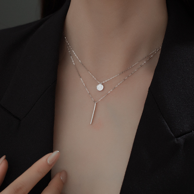 S925 Sterling Silver Pendant Necklace with Cubic Zircon Double Layered Style For Women