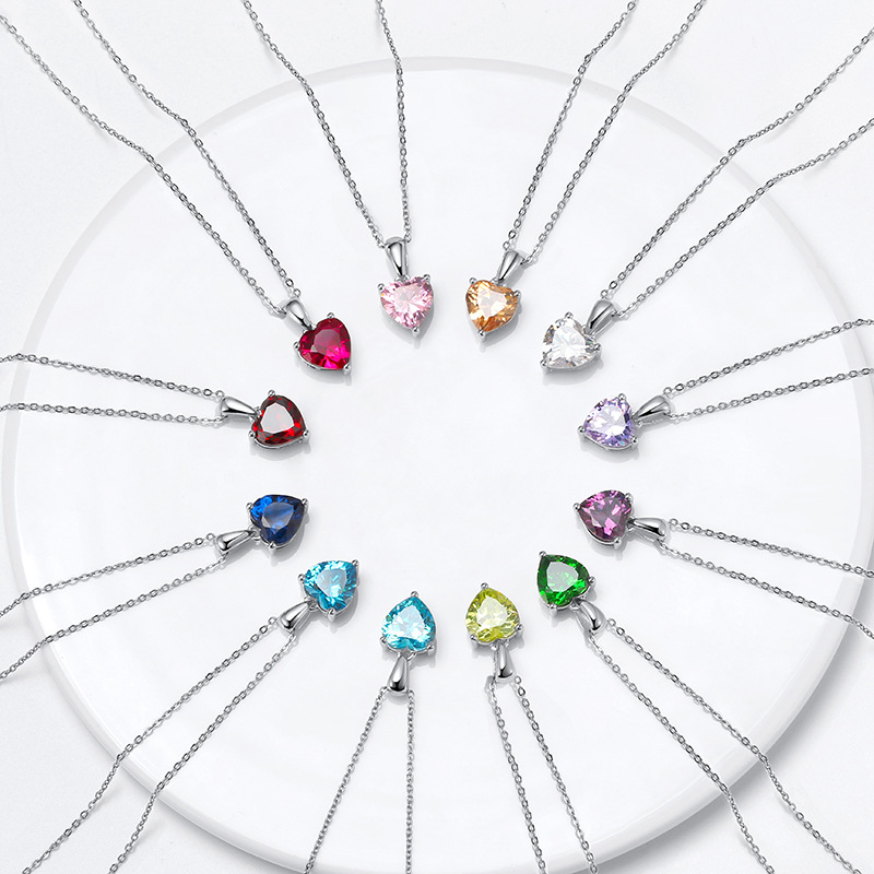 S925 Silver Necklace with 12-Color Zodiac Birthstone Heart Zircon Necklace