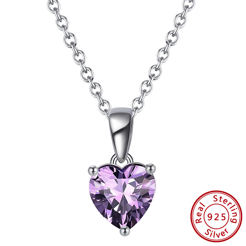 S925 Silver Necklace with 12-Color Zodiac Birthstone Heart Zircon Necklace