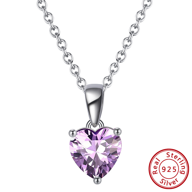 S925 Silver Necklace with 12-Color Zodiac Birthstone Heart Zircon Necklace