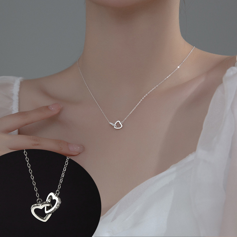 S925 Sterling Silver Pendant Necklace with Cubic Zirconia Double Heart Style
