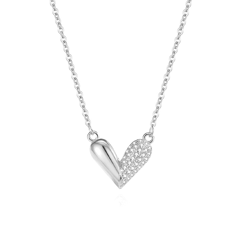 S925 Sterling Silver Heart Pendant Necklace with Cubic Zirconia Casual Style