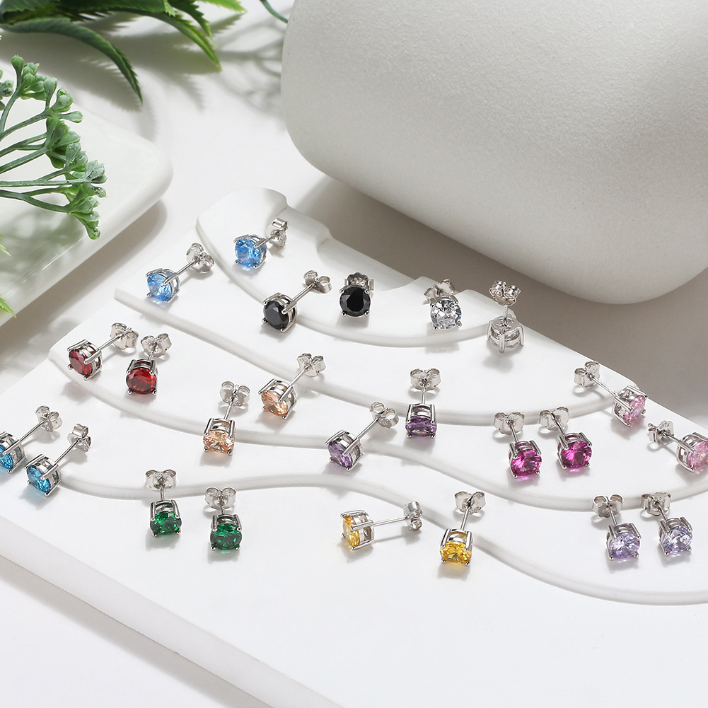 S925 Silver Stud Earrings with 12-Color Zodiac Birthstone Round Zircon Earrings