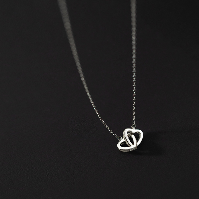 S925 Sterling Silver Pendant Necklace with Cubic Zirconia Double Heart Style