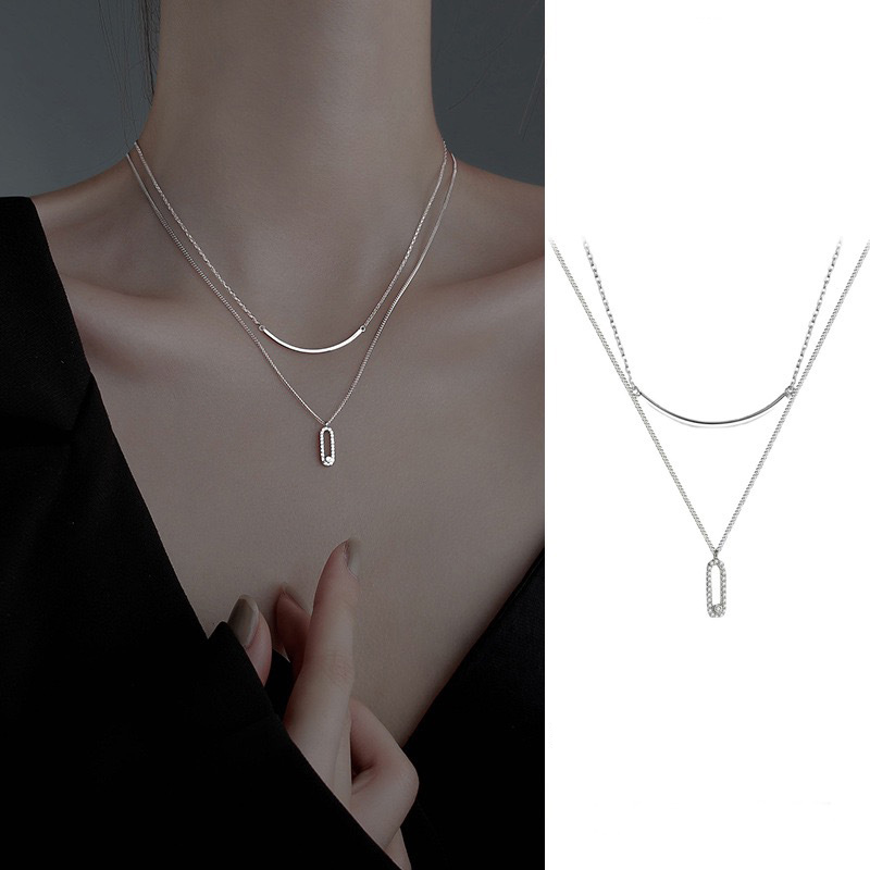 S925 Sterling Silver Pendant Necklace with Cubic Zirconia Double Layered Style