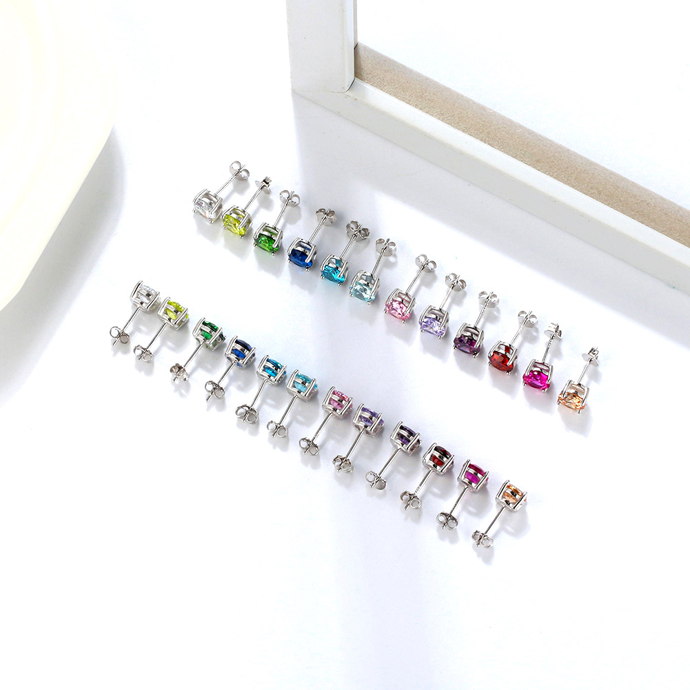 S925 Silver Stud Earrings with 12-Color Zodiac Birthstone Round Zircon Earrings