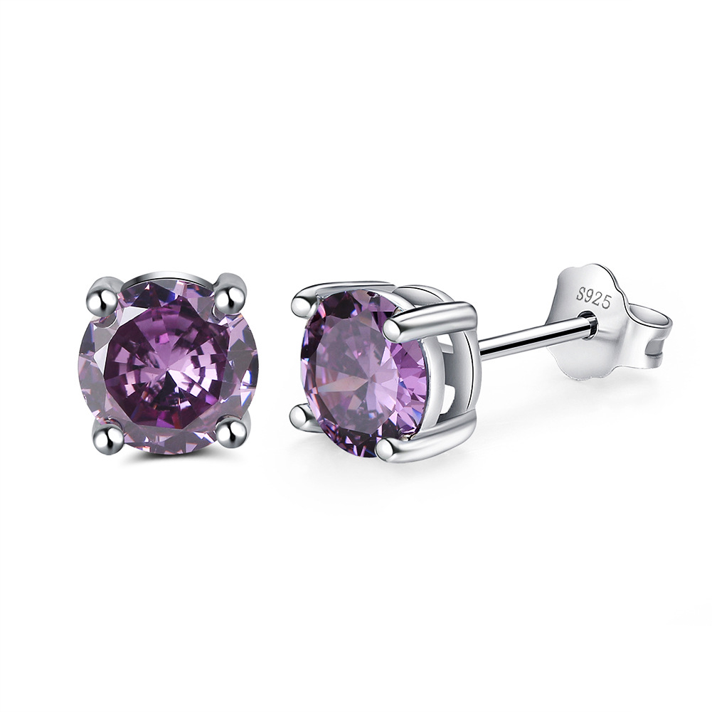 S925 Silver Stud Earrings with 12-Color Zodiac Birthstone Round Zircon Earrings