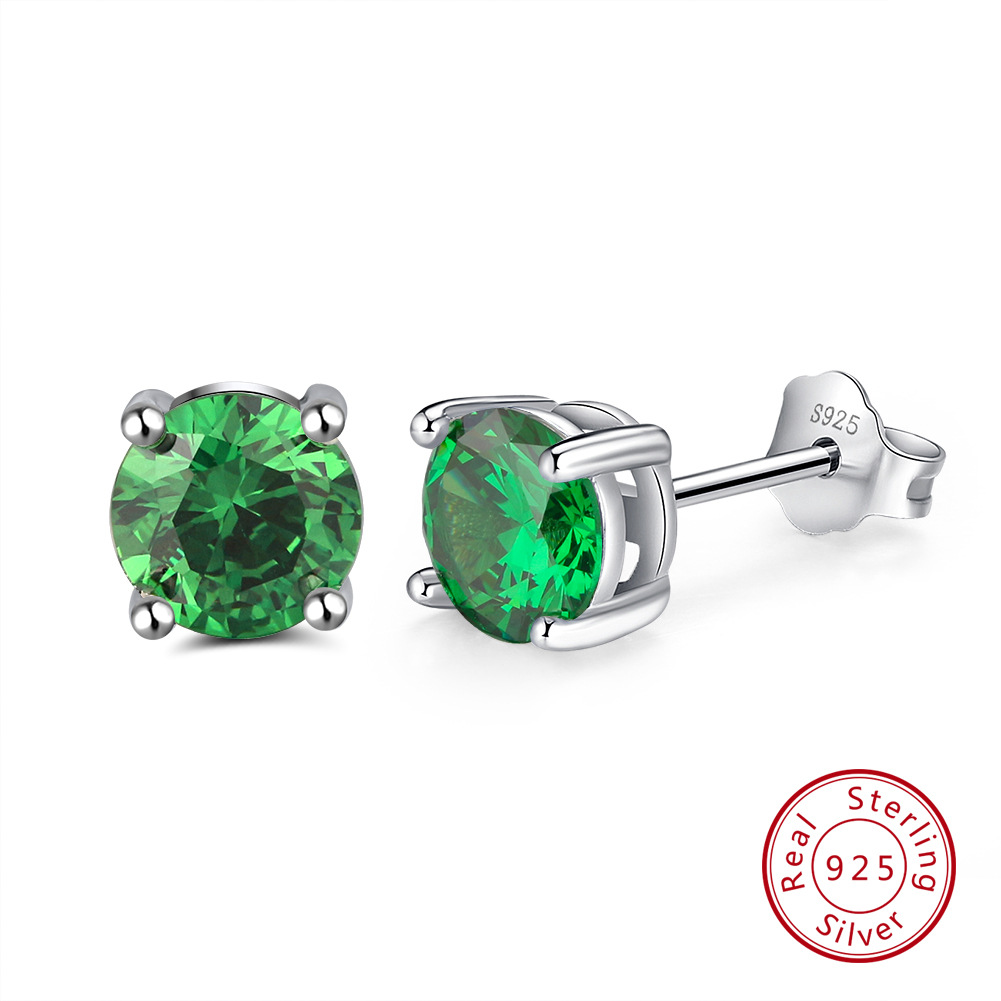 S925 Silver Stud Earrings with 12-Color Zodiac Birthstone Round Zircon Earrings