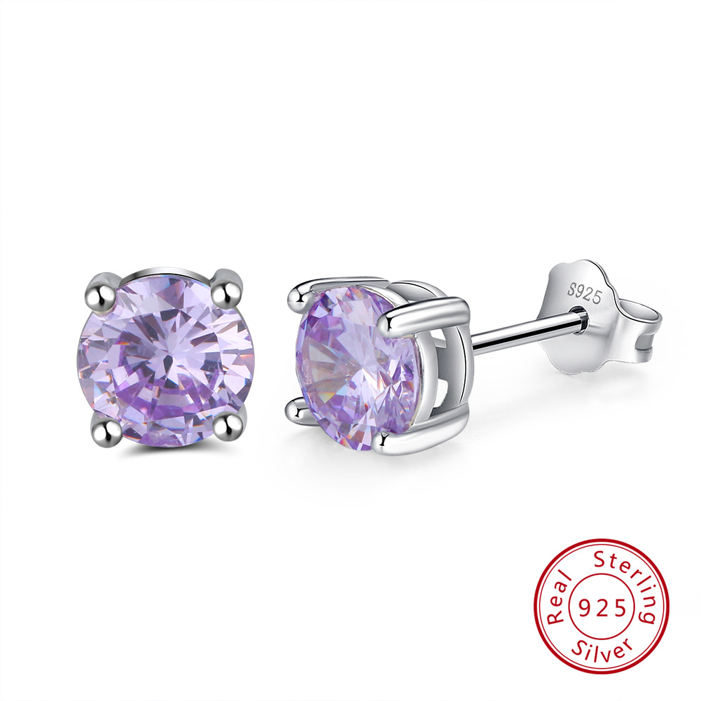 S925 Silver Stud Earrings with 12-Color Zodiac Birthstone Round Zircon Earrings