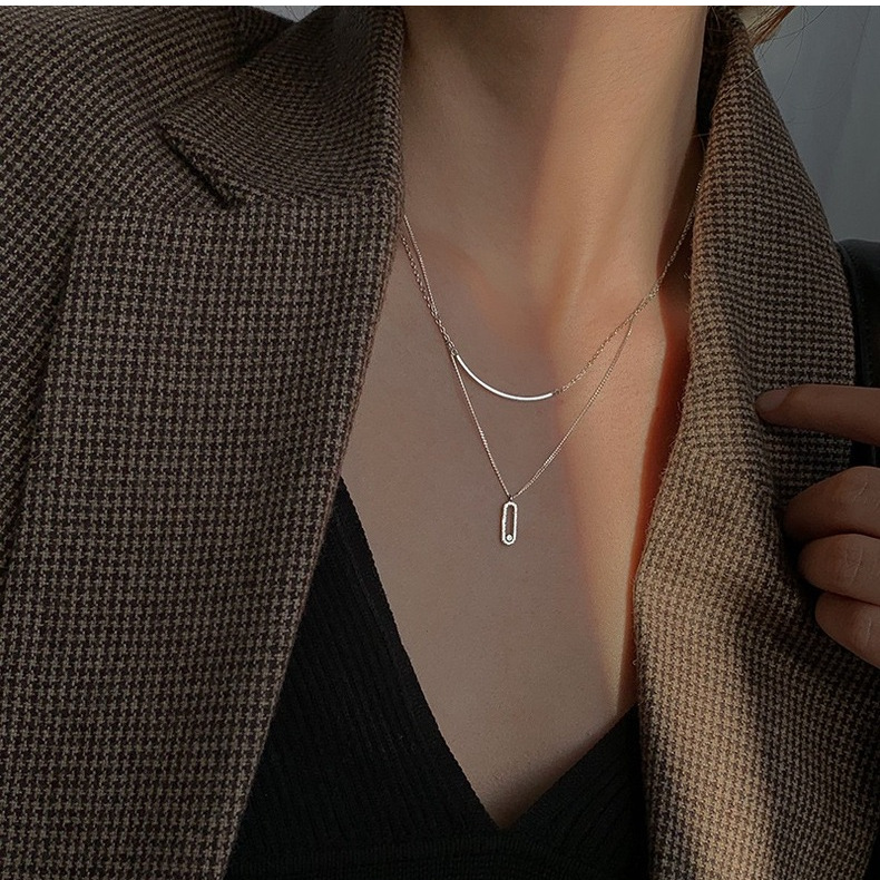 S925 Sterling Silver Pendant Necklace with Cubic Zirconia Double Layered Style