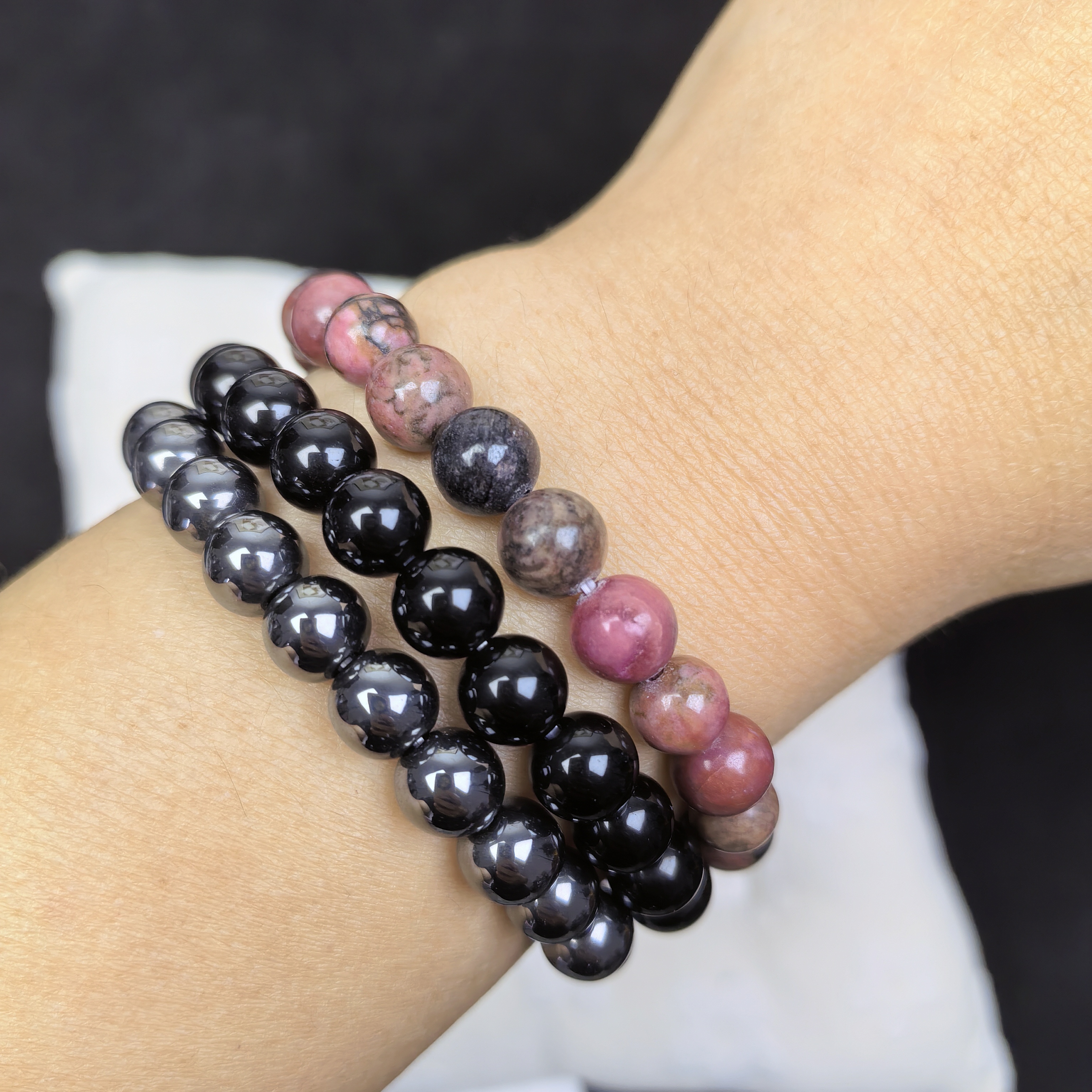 3pcs/set Healing Crystal Bracelets for Women 8mm Tiger Eye Hematite Black Obsidian Natural Stone Beaded Stretch Bracelet Triple Protection Handmade Gemstone Reiki Spiritual Jewelry Gifts