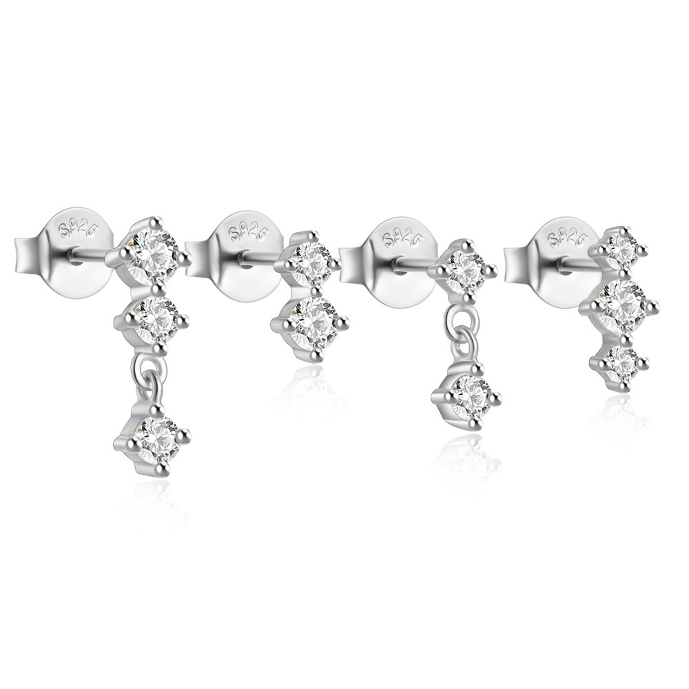 S925 Sterling Silver Stud Earrings Earpiercing with Cubic Zirconia 4pcs/Set Best Gift for Women