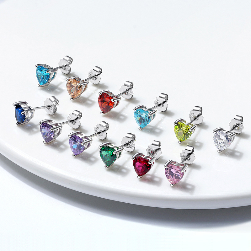 S925 Silver Stud Earrings with 12-Color Zodiac Birthstone Heart Zircon Earrings