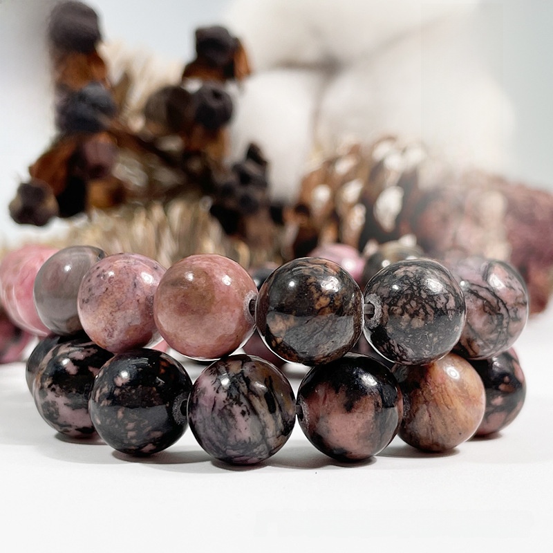 Natural Pink Black Rhodonite Round Loose Semi Gemstone Beads for Jewelry Making