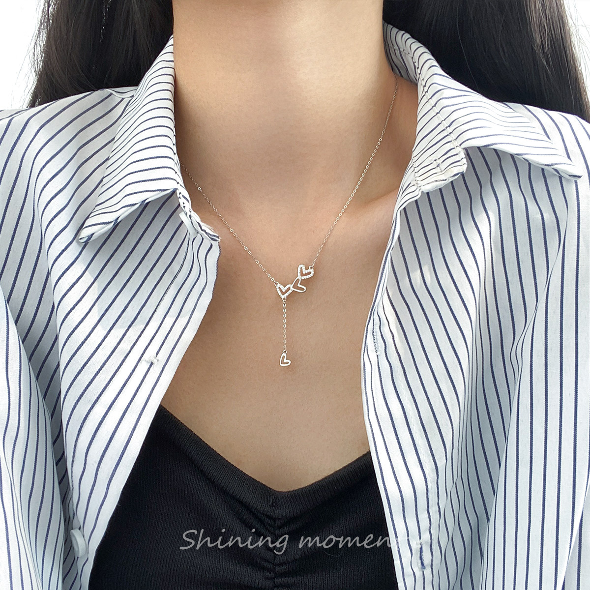S925 Sterling Silver Long Pendant Necklace with Cubic Zirconia Casual Style
