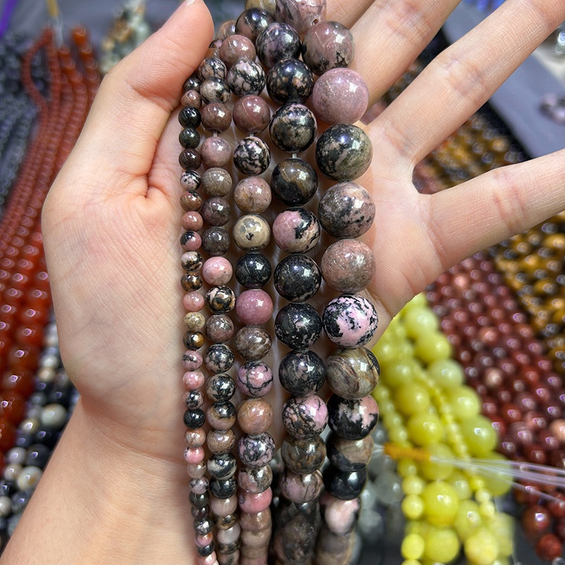 Natural Pink Black Rhodonite Round Loose Semi Gemstone Beads for Jewelry Making