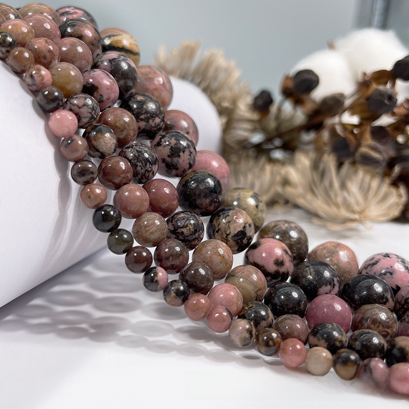 Natural Pink Black Rhodonite Round Loose Semi Gemstone Beads for Jewelry Making