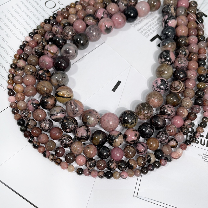 Natural Pink Black Rhodonite Round Loose Semi Gemstone Beads for Jewelry Making
