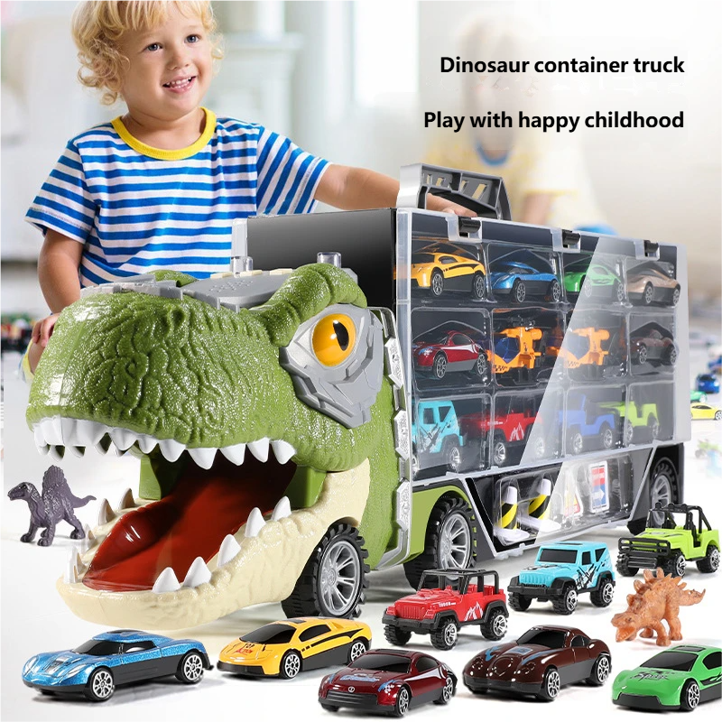 🦖🎁Dinosaur handheld container engineering vehicle double-sided storage alloy car children's inertial tractor transport vehicle boy's toy