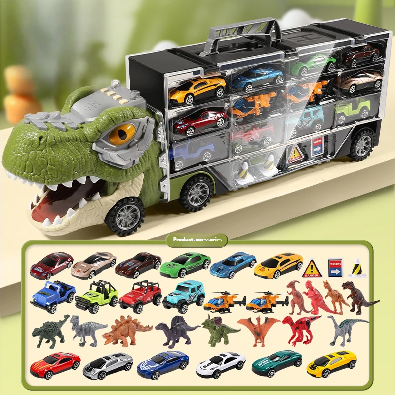 🦖🎁Dinosaur handheld container engineering vehicle double-sided storage alloy car children's inertial tractor transport vehicle boy's toy