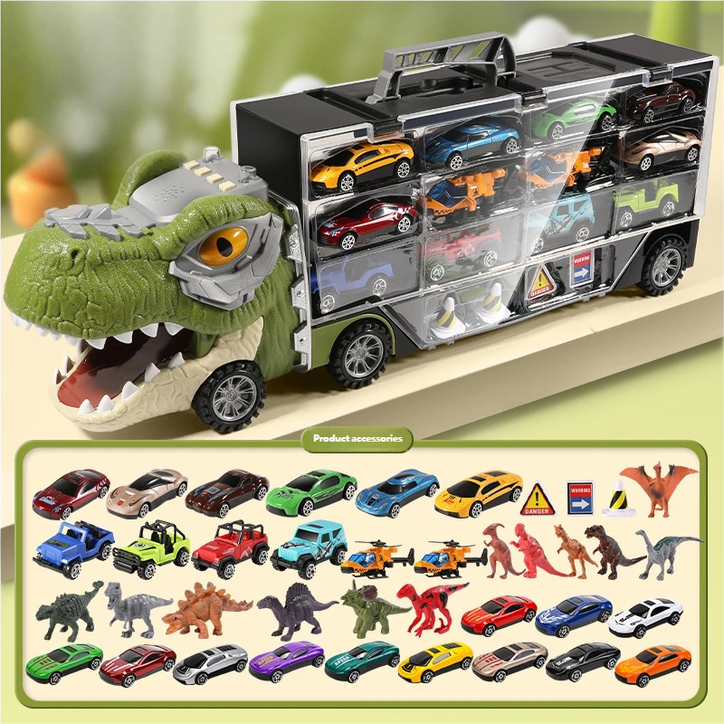 🦖🎁Dinosaur handheld container engineering vehicle double-sided storage alloy car children's inertial tractor transport vehicle boy's toy