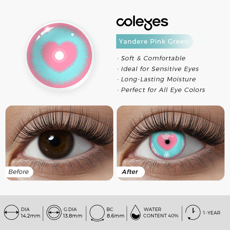 Coleyes Yandere Pink Green Yearly Prescription Cosplay Colored Contacts - image 4