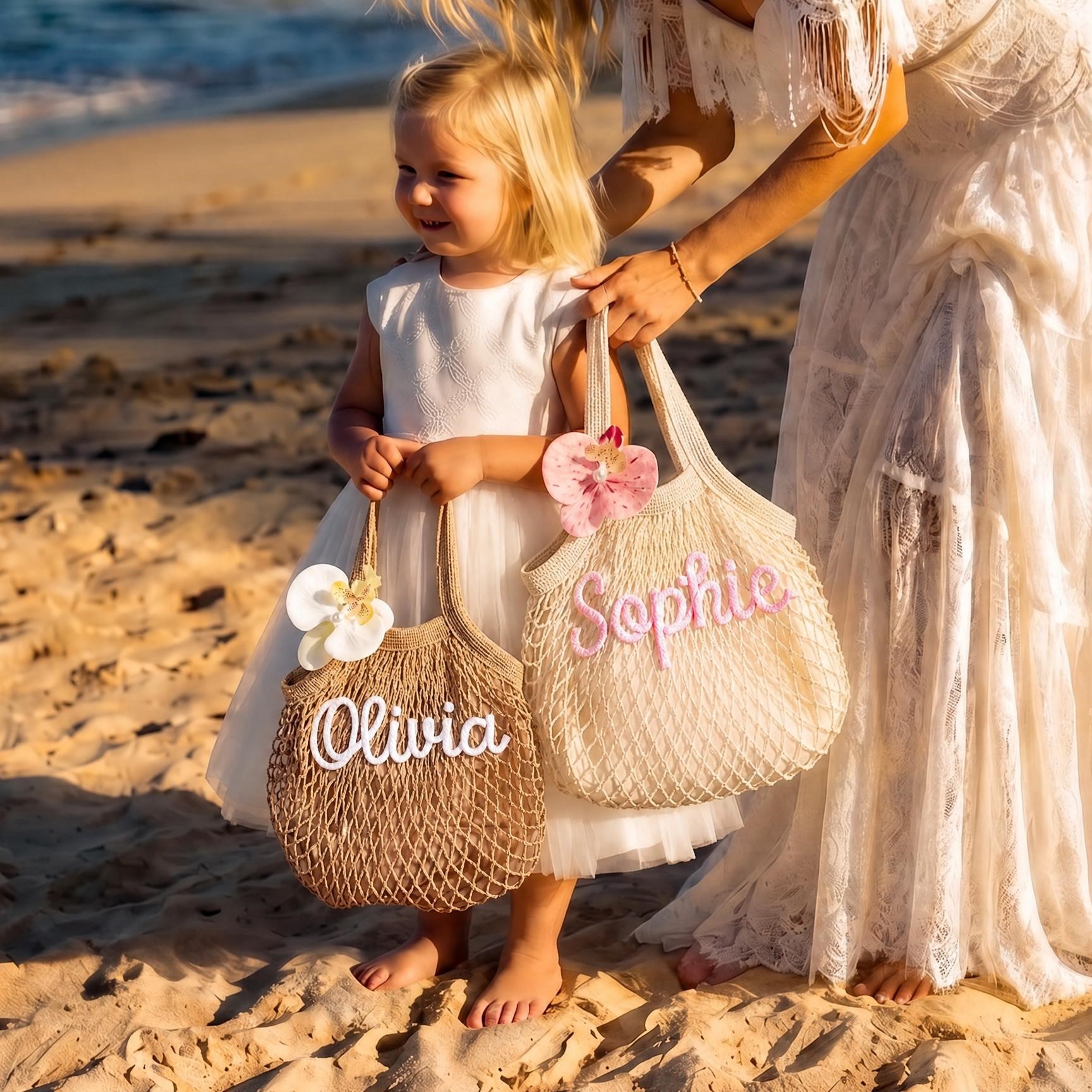 【FISH & KIDS】 BEACH BAG 26ss 新品　タグ付き Personalized Kid Little Flower Straw Crossbody Bag | KKBag94