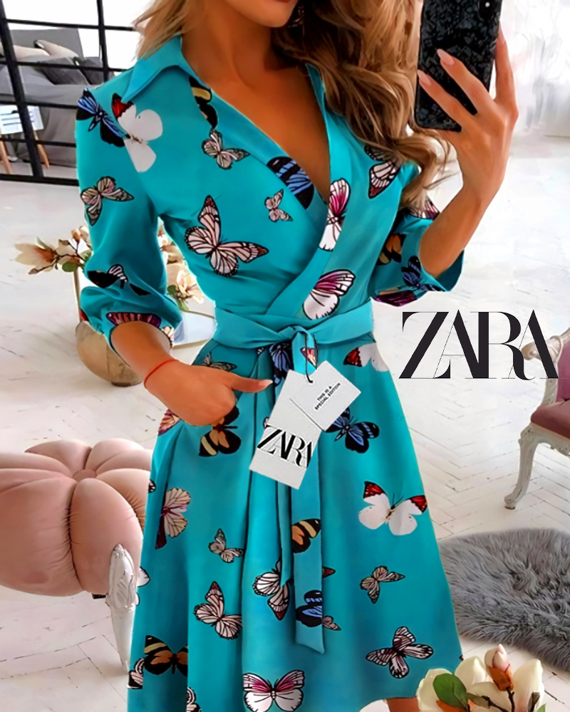 Vestido ZARA elegante com mangas compridas e decote em V