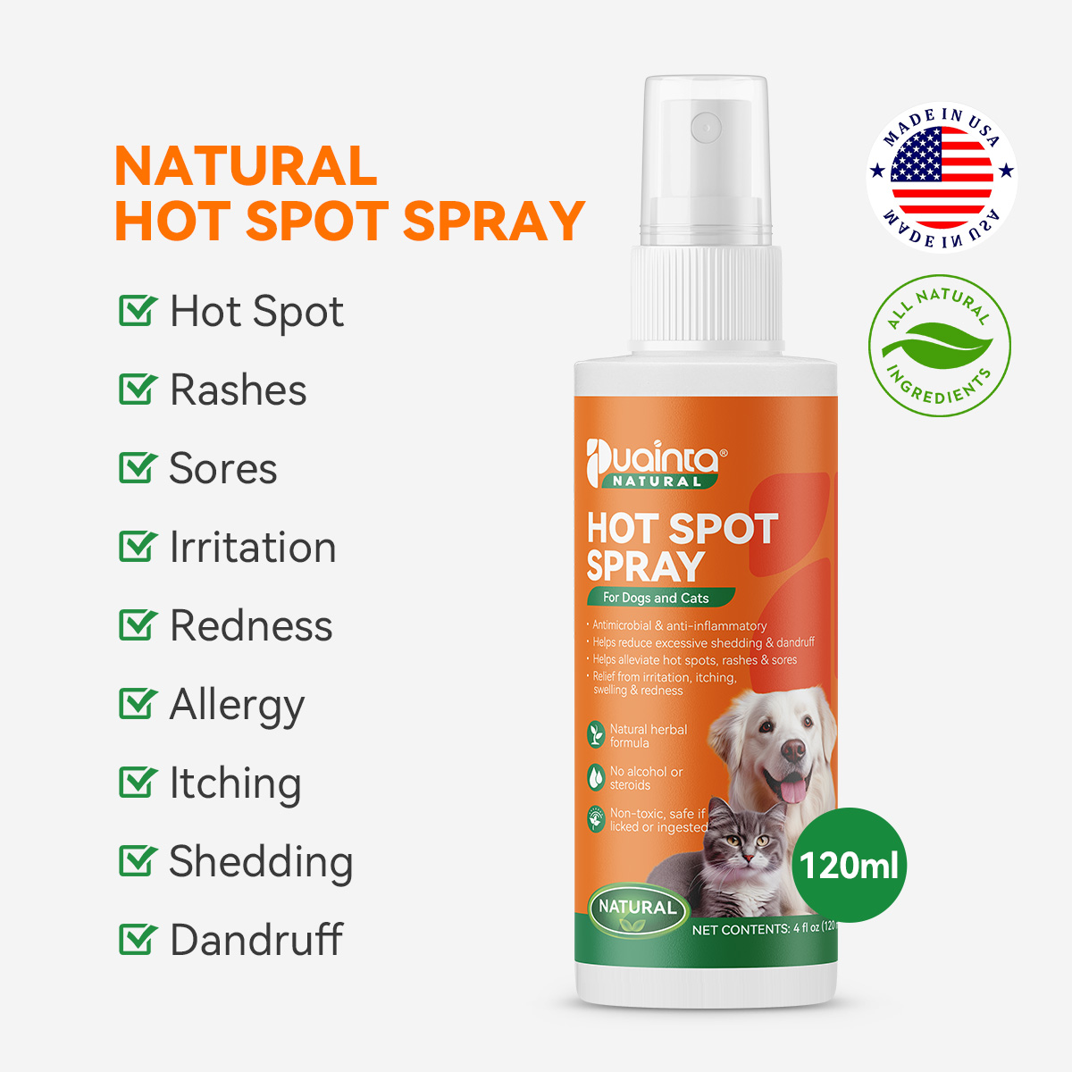 Natural Hot Spot Spray Relieves allergies, itch for dogs/cats
