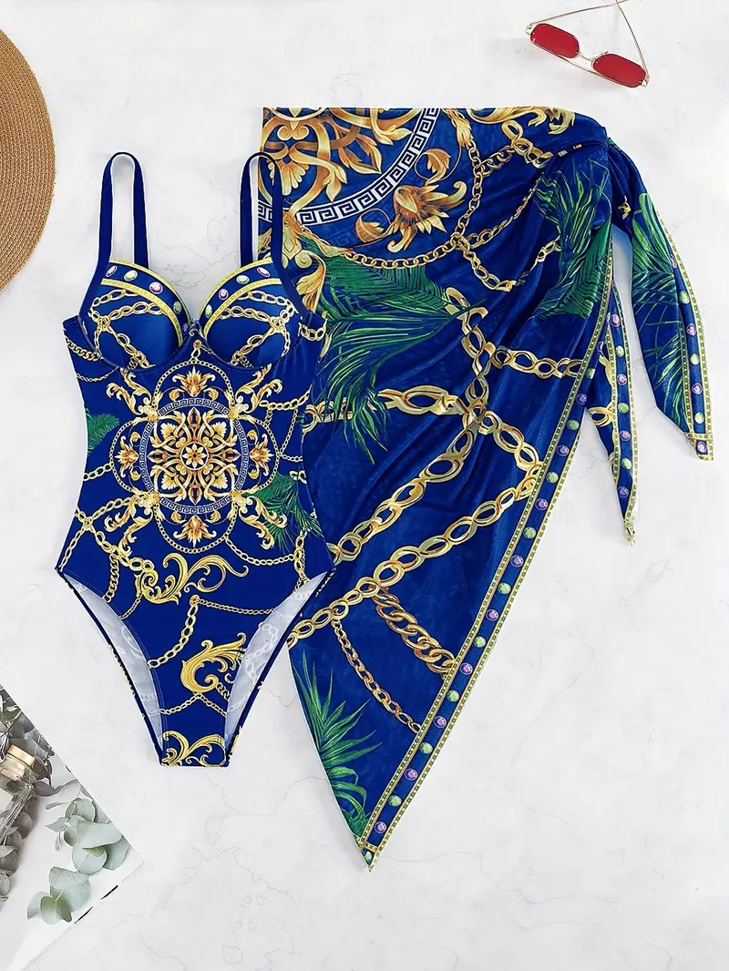 Maiôs elegantes de 2 peças com estampa de corrente, decote em coração, floral barroco, alças finas, saia vintage, saída de banho, roupa de banho feminina para férias, detalhes 1